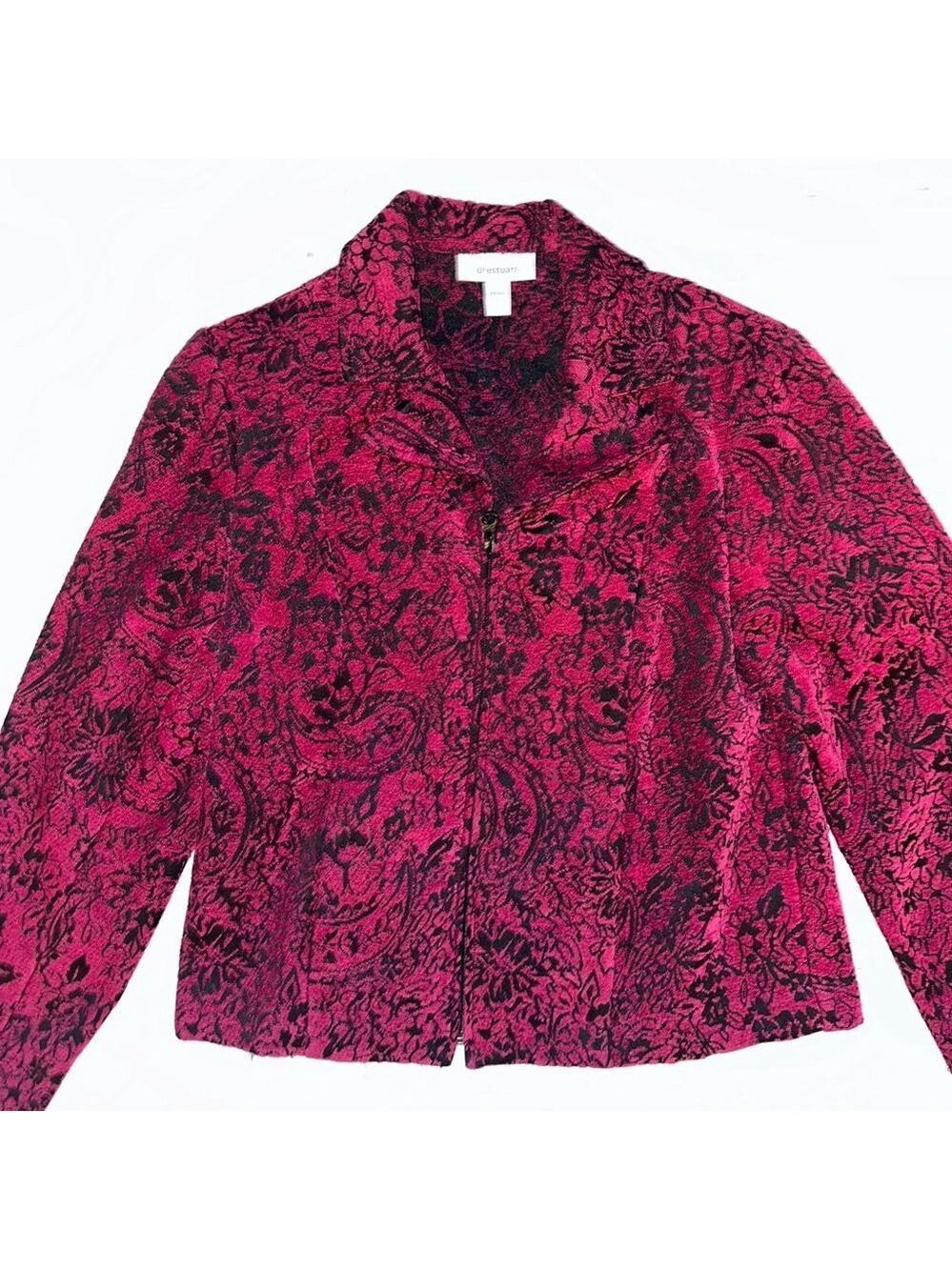 EUC Women’s SP Dressbarn Textured Tapestry Red Paisley Full Zip Dress Jacket